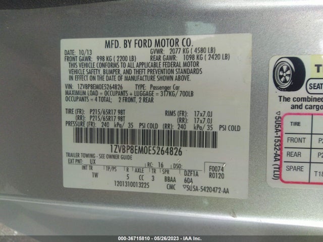 2014 FORD MUSTANG V6 VIN: 1ZVBP8EM0E5264826