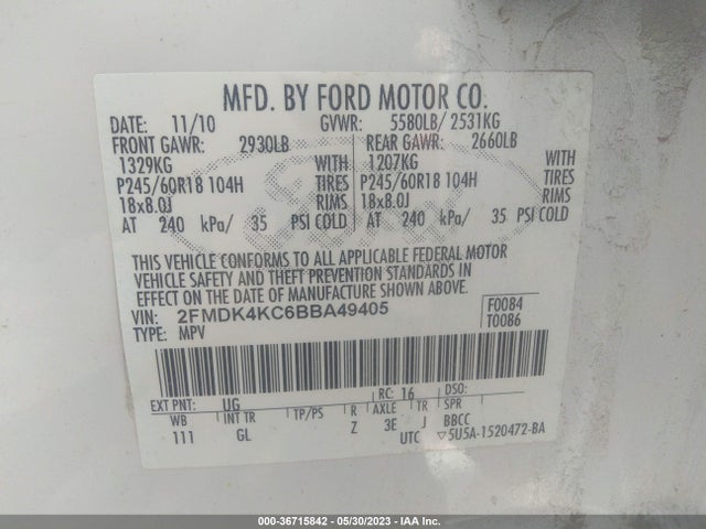 2011 FORD EDGE LIMITED VIN: 2FMDK4KC6BBA49405