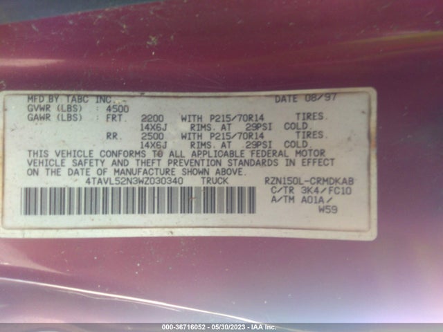 1998 TOYOTA TACOMA VIN: 4TAVL52N3WZ030340