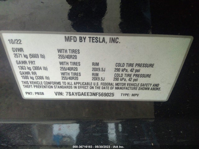 Tesla Model Y Long Range 2022 7SAYGAEE3NF569025 Image 9