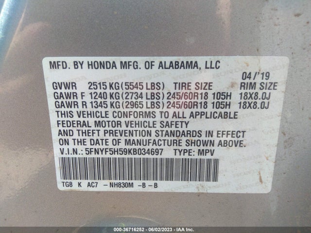 Honda Pilot Ex-l 2019 5FNYF5H59KB034697 Image 9