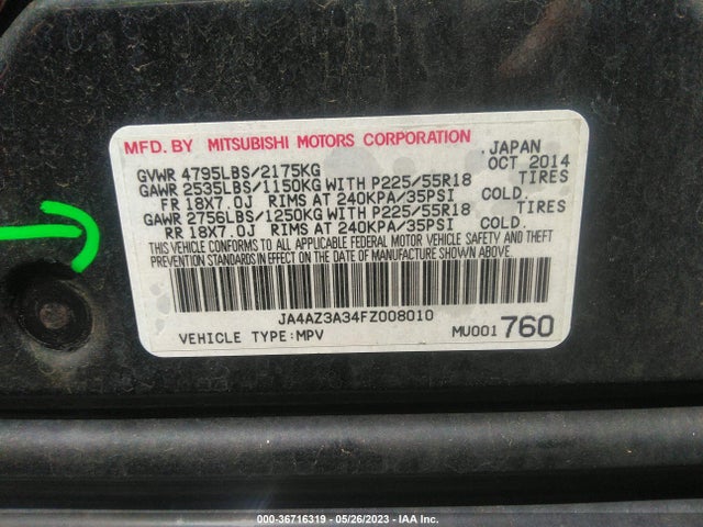 2015 MITSUBISHI OUTLANDER SE VIN: JA4AZ3A34FZ008010