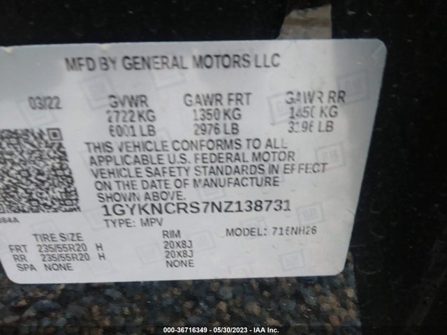 1GYKNCRS7NZ138731 Cadillac Xt5 Fwd Premium Luxury