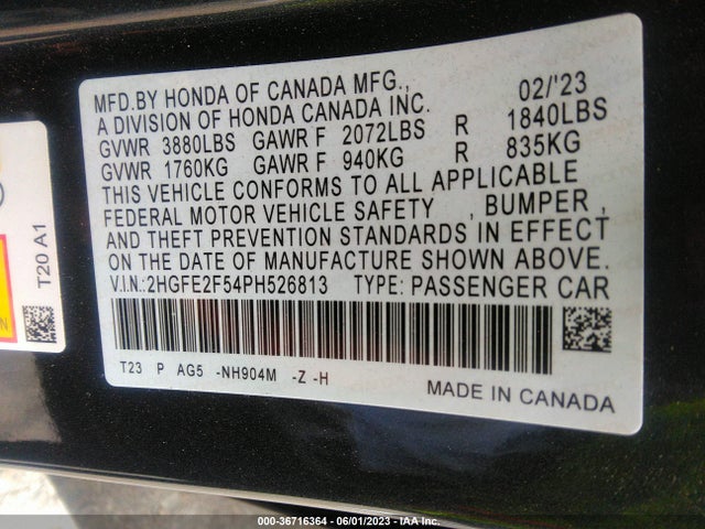 2023 HONDA CIVIC SEDAN SPORT VIN: 2HGFE2F54PH526813