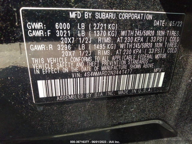 2022 SUBARU ASCENT TOURING VIN: 4S4WMARD2N3441477