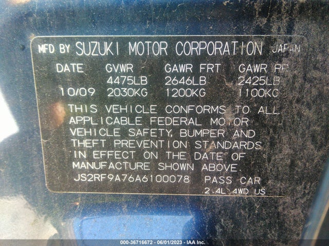 2010 SUZUKI KIZASHI SLS VIN: JS2RF9A76A6100078