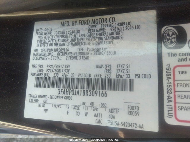 2011 FORD FUSION SEL VIN: 3FAHP0JA1BR309166