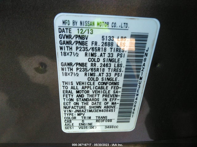 2014 NISSAN MURANO S VIN: JN8AZ1MU3EW408451