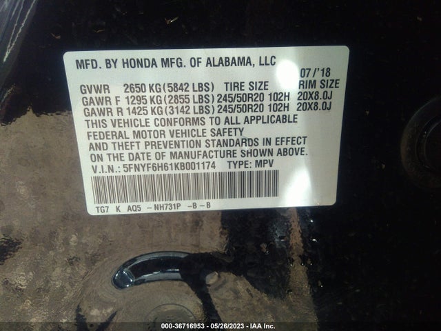 Honda Pilot Touring 7-passenger 2019 5FNYF6H61KB001174 Image 9