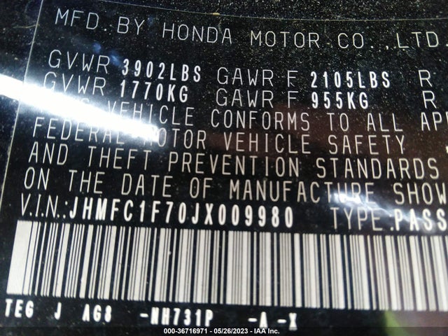 Honda Civic Sedan Ex-l 2018 JHMFC1F70JX009980 Image 9