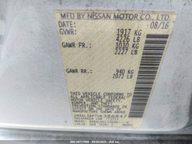 2016 NISSAN ALTIMA 2.5/S/SV/SL/SR VIN: 1N4AL3AP7GN386847