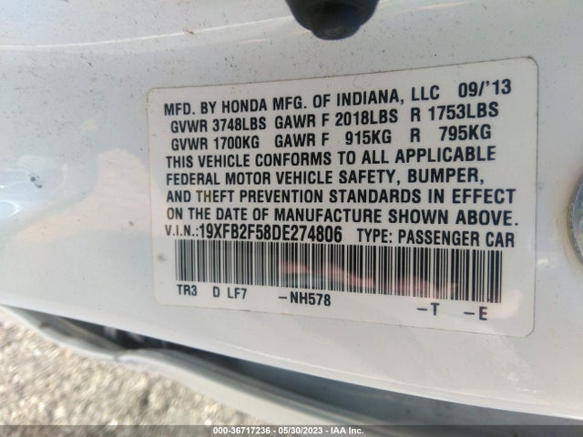Aukcja sprzedaży 2013 Honda Civic Sdn Lx, vin: 19XFB2F58DE274806, numer aukcji: 36717236