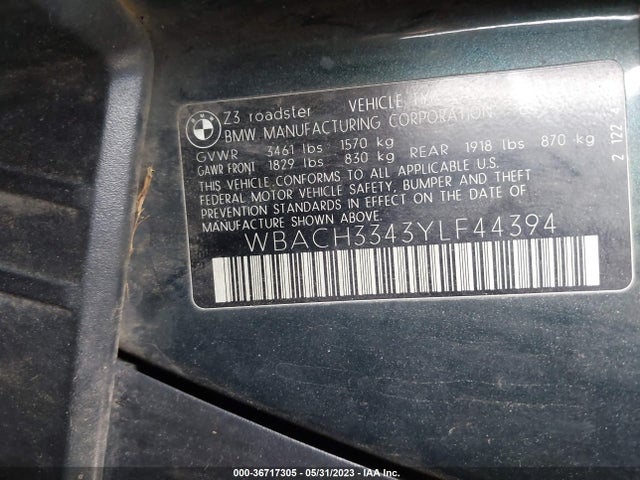 2000 BMW Z3 2.8L VIN: WBACH3343YLF44394