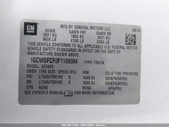 2015 CHEVROLET EXPRESS CARGO VAN VIN: 1GCWGFCF0F1109084
