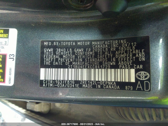 2012 TOYOTA COROLLA L/LE/S VIN: 2T1BU4EEXCC841729