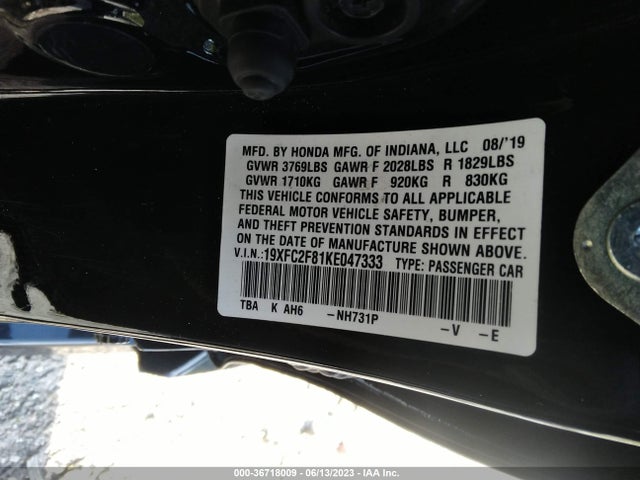 2019 HONDA CIVIC SEDAN SPORT VIN: 19XFC2F81KE047333