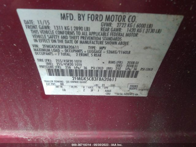 2FMGK5C83FBA20611 Ford FLEX SEL
