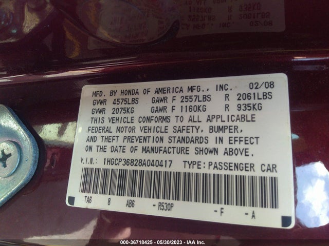 2008 HONDA ACCORD SDN EX-L VIN: 1HGCP36828A040417
