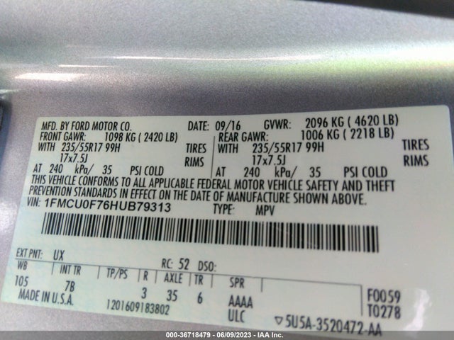 2017 FORD ESCAPE S VIN: 1FMCU0F76HUB79313