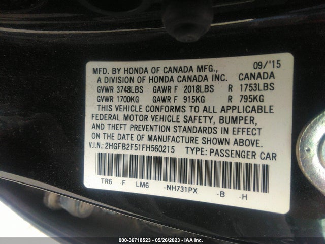 Honda Civic Sedan Lx 2015 2HGFB2F51FH560215 Image 10