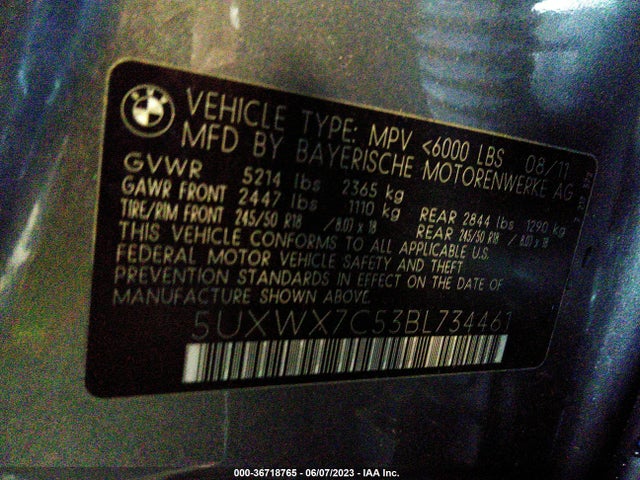 2011 BMW X3 35I VIN: 5UXWX7C53BL734461