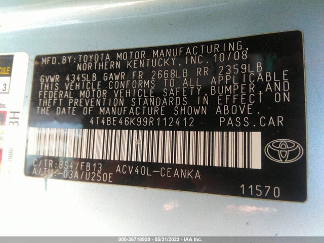 2009 TOYOTA CAMRY LE VIN: 4T4BE46K99R112412