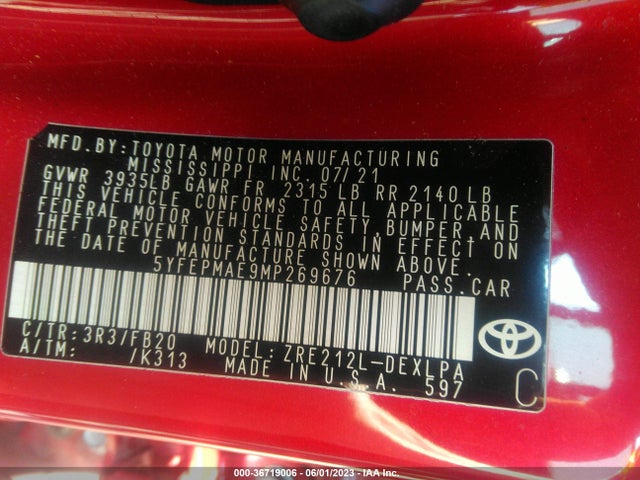 2021 TOYOTA COROLLA LE VIN: 5YFEPMAE9MP269676