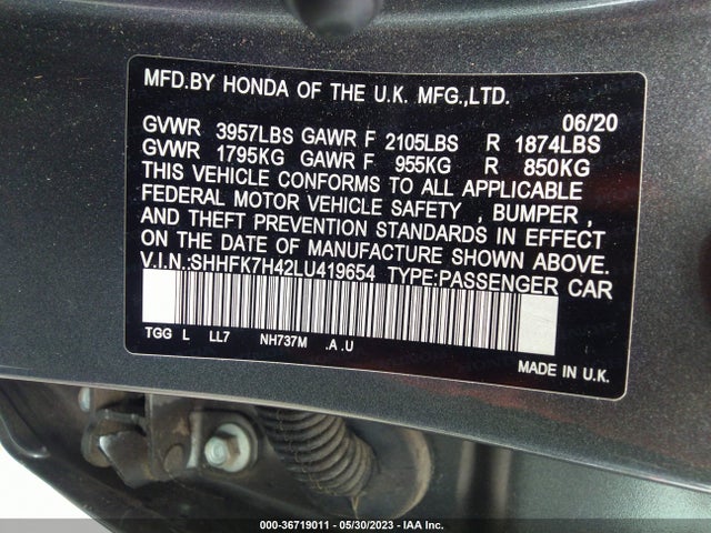 2020 HONDA CIVIC HATCHBACK SPORT VIN: SHHFK7H42LU419654