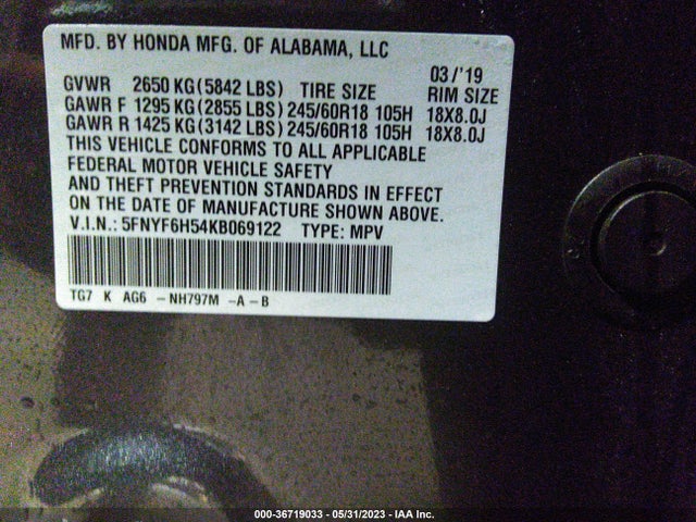 Honda Pilot Ex-l 2019 5FNYF6H54KB069122 Image 9