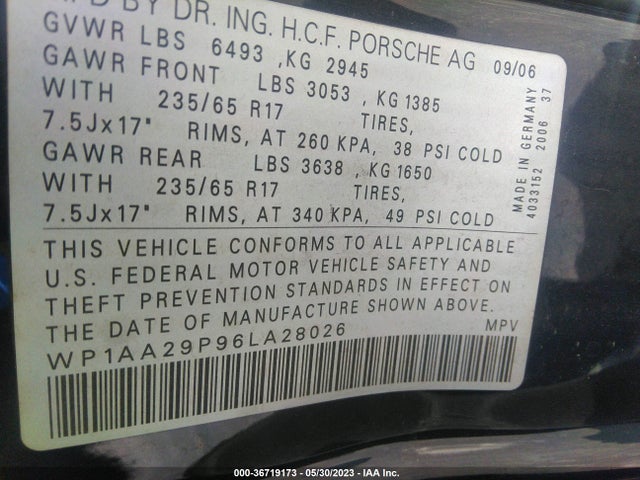 2006 PORSCHE CAYENNE VIN: WP1AA29P96LA28026