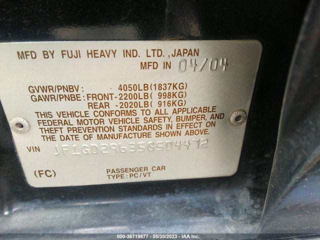 2005 SUBARU IMPREZA SEDAN (NATL) WRX VIN: JF1GD29635G504472