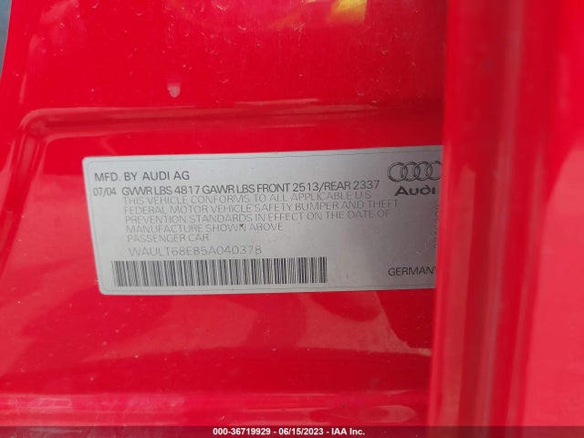 2005 AUDI A4 3.0L VIN: WAULT68E85A040378