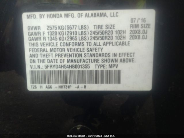 5FRYD4H54HB001355 Acura Mdx W/technology Pkg
