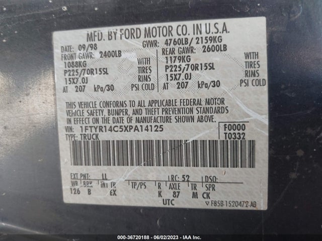 1999 FORD RANGER XL/XLT VIN: 1FTYR14C5XPA14125