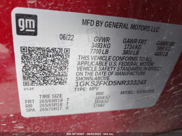 1GKS2FKD5NR333243 GMC Yukon Xl Sle