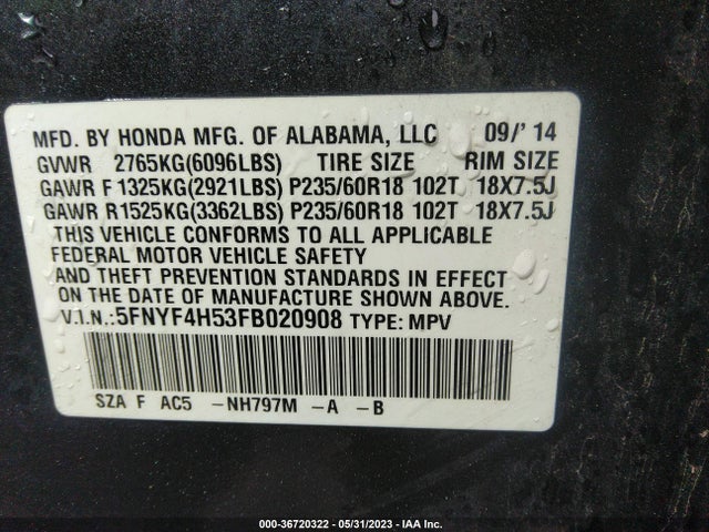 Honda Pilot Ex-l 2015 5FNYF4H53FB020908 Image 9