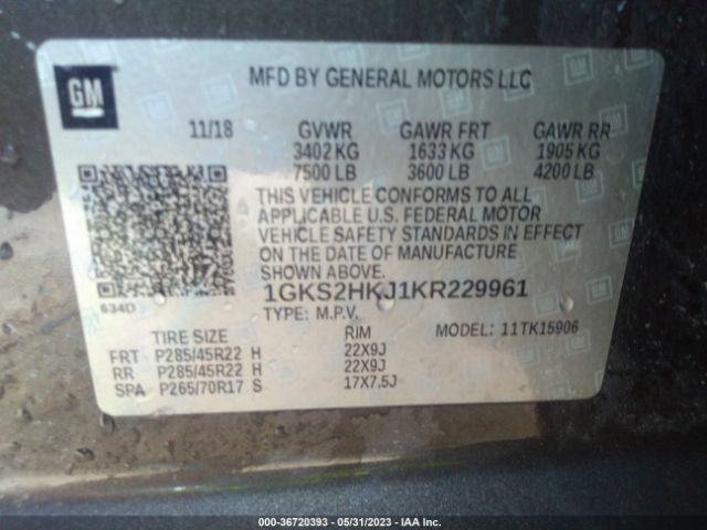 1GKS2HKJ1KR229961 GMC YUKON XL DENALI