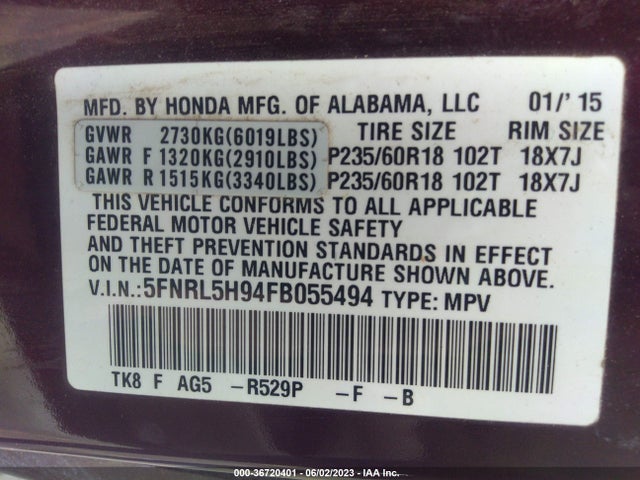 Honda Odyssey Touring 2015 5FNRL5H94FB055494 Image 9