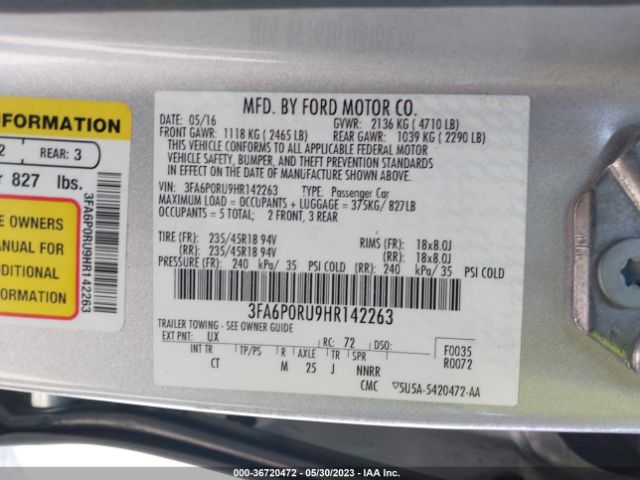 3FA6P0RU9HR142263 Ford FUSION HYBRID