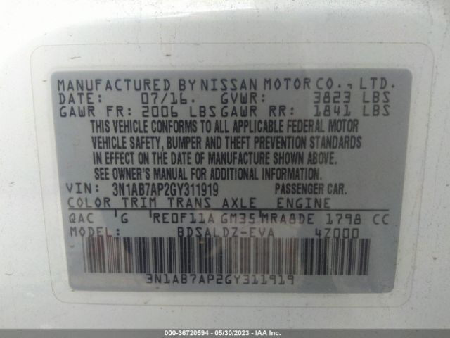 3N1AB7AP2GY311919 Nissan SENTRA SV