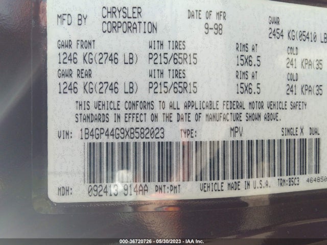 1999 DODGE GRAND CARAVAN SE VIN: 1B4GP44G9XB582023