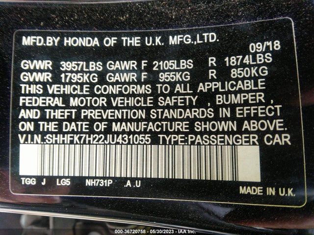 Honda Civic Hatchback Lx 2018 SHHFK7H22JU431055 Image 10