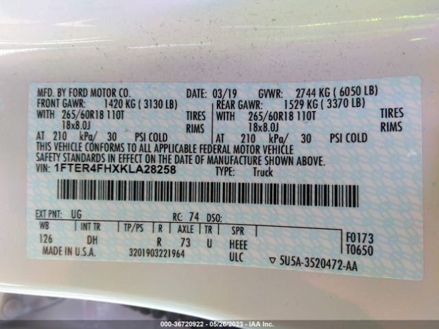 1FTER4FHXKLA28258 Ford Ranger Xl/xlt/lariat