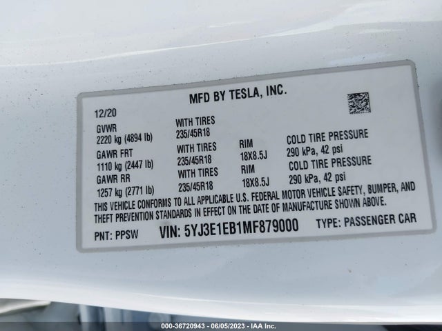 5YJ3E1EB1MF879000 Tesla Model 3 Long Range