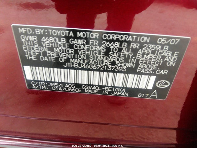 2007 LEXUS ES 350 VIN: JTHBJ46G672137393