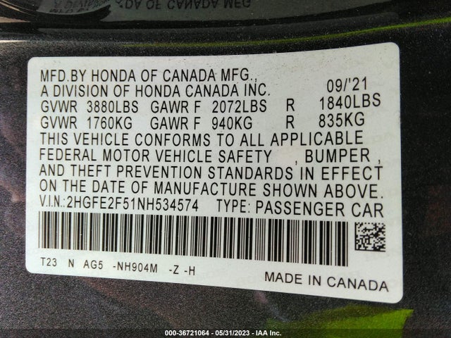 2022 HONDA CIVIC SEDAN SPORT VIN: 2HGFE2F51NH534574