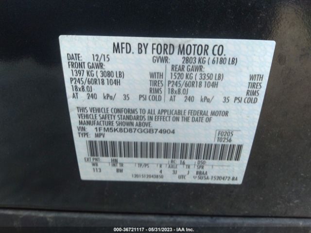 1FM5K8D87GGB74904 Ford EXPLORER XLT