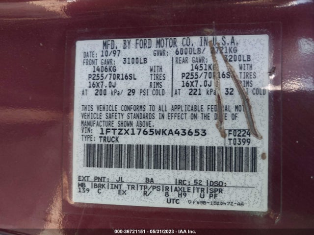 1998 FORD F-150 VIN: 1FTZX1765WKA43653