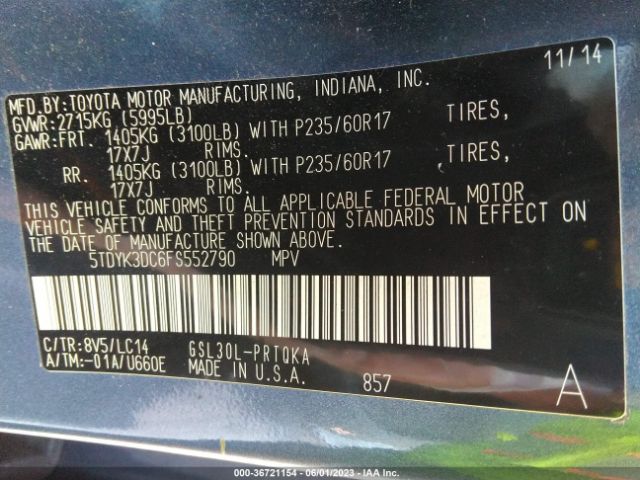 5TDYK3DC6FS552790 Toyota Sienna Xle Premium 8 Passenger
