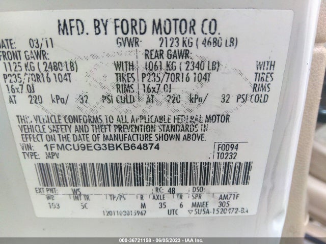 2011 FORD ESCAPE LIMITED VIN: 1FMCU9EG3BKB64874